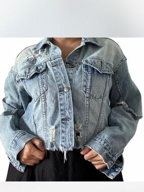 Ksubi Distressed Cropped Light Wash Denim Jacket